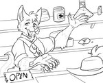 anthro clothed clothing fantasy magic male potion potion_bottle potion_label solo store text starwolfskin zgf_art william_swiftfoot canid canine fox mammal 2023 absurd_res english_text hi_res line_art monochrome