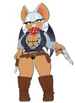 anthro bat_wings belt big_breasts black_clothing black_nose black_thong black_underwear blue_clothing blue_eyes blue_topwear boots breasts brown_boots brown_clothing brown_footwear butt butt_from_the_front cleavage clothed clothing cowboy_boots cowboy_outfit female footwear front_view fur gun hip_holster holding_gun holding_object holding_ranged_weapon holding_weapon huge_breasts looking_at_viewer membrane_(anatomy) membranous_wings narrowed_eyes pantsless purple_wings ranged_weapon red_scarf scarf shoes short_stack simple_background smile solo tan_body tan_fur thick_thighs thong topwear underwear weapon white_background white_body white_fur wide_hips wings grimy291 sega sonic_the_hedgehog_(series) rouge_the_bat bat mammal hi_res