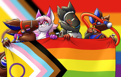 agender_pride_colors ambiguous_gender anthro beverage brown_body brown_fur collar collar_pull collar_tag drone ear_piercing eyewear female flag flag_(object) fur gas_mask_face genderfluid_pride_colors glasses grey_body grey_fur group hair holding_flag holding_object intersex_pride_colors kissing_cheek lgbt_pride machine male multiple_piercings nonbinary_pride_colors pansexual_pride_colors piercing pink_hair pride_colors progress_pride_colors purple_body purple_fur round_glasses smile smiling_at_another soda transgender_pride_colors wearing_collar wearing_glasses dionekat lgbt_pride_month pepsi arume_wythamoouse d15c p3p51 canid canine fennec_fox fox mammal protogen true_fox hi_res agender_(lore) genderfluid_(lore) nonbinary_(lore) trans_(lore) trans_man_(lore) trans_woman_(lore)