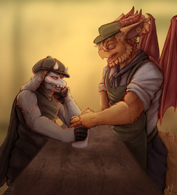 anthro blush bone bone_mask cafe coffee_cup container cup duo ear_piercing flirting fur horn male male/male mask orange_body orange_fur piercing scar skull skull_mask tail tail_motion tailwag wings luxartifex mythology bovid caprine dragon goat mammal mythological_creature mythological_scalie scalie absurd_res hi_res