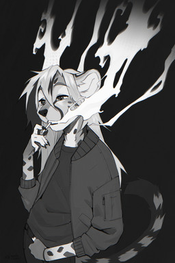 5_fingers anthro biped black_background black_highlights black_nose black_spots bottomwear cigarette cigarette_in_mouth claws clothed clothed_anthro clothing countershading ear_markings eyebrows facial_markings finger_claws fingerless_(marking) fingerless_gloves_(marking) fingers front_view fully_clothed fur fur_markings gloves_(marking) hair head_markings highlights_(coloring) holding_cigarette holding_object inner_ear_fluff jacket long_hair looking_aside looking_away male male_anthro markings multicolored_hair narrowed_eyes object_in_mouth open_clothing open_jacket open_topwear pants shirt simple_background smoke smoking smoking_cigarette solo spots spotted_body spotted_fur standing striped_markings striped_tail stripes t-shirt tail tail_markings text topwear tuft two_tone_hair white_hair koda_walker wy_(yebjiwara) cheetah felid feline king_cheetah mammal 2:3 absurd_res artist_name black_and_white digital_drawing_(artwork) digital_media_(artwork) english_text greyscale half-length_portrait hi_res monochrome portrait restricted_palette shaded signature sketch three-quarter_portrait watermark