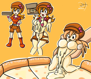 4_fingers big_hat bodily_fluids bottomwear breasts clothing drooling female fingers food food_transformation footwear hair hand_on_hip hand_on_own_hip hat headgear headwear inanimate_transformation open_mouth orange_background orange_bottomwear orange_clothing orange_hair orange_hat orange_headwear orange_shorts pizza red_cheeks red_clothing red_footwear red_shirt red_topwear saliva shirt short_sleeved_shirt shorts simple_background solo text tongue topwear transformation yellow_tongue miraimiru mona_(warioware) food_creature food_humanoid human humanoid mammal 2022 artist_name digital_drawing_(artwork) digital_media_(artwork) hi_res sequence signature