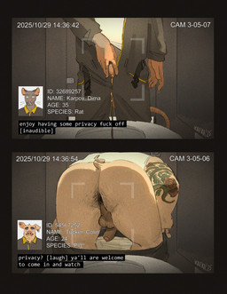 anthro anus arm_tattoo backsack balls bathroom being_watched bodily_fluids body_hair butt butt_hair camera_hud clothed clothing coveralls duo flaccid foreskin genital_fluids genitals hidden_camera identification looking_at_another male oblivious overweight overweight_male partially_clothed penis penis_poking_out penis_through_fly piercing profanity pubes public_restroom realistic_penis_size recording restroom_stall shirt spy_camera tattoo text toilet toilet_bowl toilet_seat topwear undershirt undressing urine urine_stream voyeur workplace kafka_(artist) colin_tucker_(kafka) dima_karpov_(kafka) domestic_pig humanoid mammal murid murine rat rodent suid suine sus_(pig) comic english_text hi_res