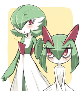 blush duo female green_body green_skin hair hair_over_eye horn one_eye_obstructed pink_eyes simple_background white_body white_skin ino nintendo pokemon gardevoir generation_3_pokemon humanoid kirlia pokemon_(species) hi_res