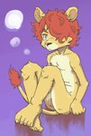 5_fingers 5_toes anthro balls feet fingers genitals hair hair_over_eye male nails one_eye_obstructed orange_hair purple_background serious simple_background sitting solo toes yellow_eyes young young_anthro young_male akimo_(artist) felid lion mammal pantherine 2018 hi_res