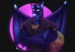 anthro black_clothing black_topwear blue_body blue_fur blue_horn blue_wings clothed clothing front_view fur horn looking_at_viewer male mouth_closed narrowed_eyes pupils purple_eyes solo standing topwear white_pupils wings acidwuff canid canine mammal 2021 dated hi_res signature