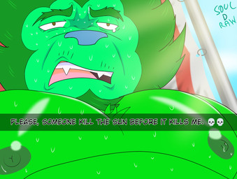 anthro barazoku blue_nose bodily_fluids brown_eyes chair disgusted_face emoji facial_hair fangs fur furniture green_body green_fur green_hair green_mane hair light male mane nipples on_chair sky solo sunlight sweat sweatdrop teeth text soul_d_raws souldi felid ghost lion mammal pantherine spirit 2026 digital_drawing_(artwork) digital_media_(artwork) english_text hi_res meme