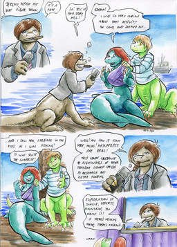 3_toes 4_fingers abstract_background annoyed auburn_hair barefoot big_hands blonde_hair blue_clothing blue_eyes blue_sky blue_topwear boat bottomless brown_hair building cigar claws clothed clothing coat dialogue earless electronics eye_contact eyes_closed feet female fin fingers fishing_boat floor front_view gaping_mouth gesture green_body grey_clothing grey_coat grey_topwear grin group hair hand_framing hand_gesture hand_on_shoulder hand_to_chest happy holding_object horizon inside interview jacket long_hair looking_at_another looking_at_viewer looking_up male microphone necktie news news_report open_mouth orange_eyes outside paws purple_clothing purple_curtains purple_topwear raised_hand reporter sea sharp_teeth shirt short_hair side_view simple_background sitting sitting_on_ground sky smile smoke smoking snout speech_bubble split_form stage stage_curtains straight_hair studio surprised t-shirt tail tail_fin tapering_tail teal_body teeth television text thick_tail toes tongue topwear vehicle wall_(structure) water watercraft white_background white_clothing white_topwear wood wood_floor wood_wall work_uniform yellow_claws young cervelet edena_(growing_troubles) jeremy_(growing_troubles) liz_(growing_troubles) ms._clara_wendenlocher_(growing_troubles) aquatic lizard lizard_taur merfolk reptile reptile_taur scalie scalie_taur taur 2018 absurd_res comic english_text handwritten_text hi_res multiple_scenes painting_(artwork) shaded signature traditional_media_(artwork) traditional_painting_(artwork) traditional_watercolor_(artwork) watercolor_(artwork) mother_(lore) parent_(lore)