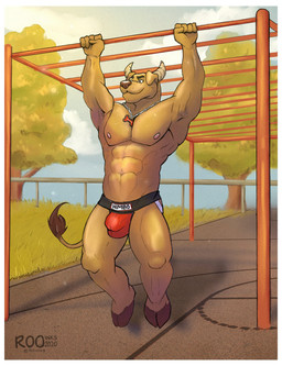 abs anthro armpit_hair biceps body_hair bulge clothed clothing detailed_bulge exercise grin hooves jewelry jockstrap jockstrap_only male manly muscular muscular_anthro muscular_male navel necklace nipples outside pecs red_clothing red_jockstrap red_underwear smile solo topless triceps underwear underwear_only vein workout pibbnchips bovid bovine canid canine canis domestic_dog hybrid mammal 2020 hi_res
