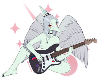 anthro breasts choker claws electric_guitar feathered_wings feathers female grey_body grey_feathers grey_hair guitar hair horn horn_jewelry jewelry musical_instrument necklace nude playing_guitar playing_music plucked_string_instrument scales simple_background sitting solo string_instrument white_body white_scales wings w4g4 fender_musical_instruments_corporation goodbye_volcano_high stratocaster fang_(gvh) dinosaur feathered_dinosaur feathered_scalie prehistoric_species pterodactylus pterosaur reptile scalie 2023 hi_res