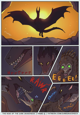 6_panel_comic black_body bodily_fluids brown_body cave cheek_spikes claws duo exclamation_point facial_spikes fangs female feral green_eyes growling larger_feral larger_pred neck_bulge onomatopoeia open_mouth oral_vore page_number roaring saliva saliva_string scared sharp_teeth size_difference sound_effects spikes spikes_(anatomy) sunset tail teeth text tongue vore wings yellow_eyes darkdraconica mythology patreon darky_(darkdraconica) dragon mythological_creature mythological_scalie scalie 2022 absurd_res comic digital_drawing_(artwork) digital_media_(artwork) english_text hi_res multiple_scenes url