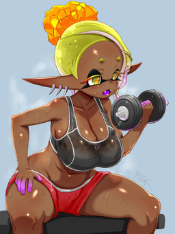 athletic_wear big_breasts bodily_fluids bottomwear bra breasts clothing collarbone cross_pupils dark_body dark_skin ear_piercing exercise eyebrows female gym_bottomwear gym_shorts hand_on_leg hand_on_thigh humanoid_pointy_ears midriff navel open_mouth piercing pointy_ears pseudo_hair shorts sitting solo sports_bra sweat tentacle_hair tentacles underwear weightlifting workout yellow_eyes t2ukmyjm nintendo splatoon frye_(splatoon) animal_humanoid aquatic cephalopod humanoid inkling mollusk mollusk_humanoid 2026 3:4 hi_res