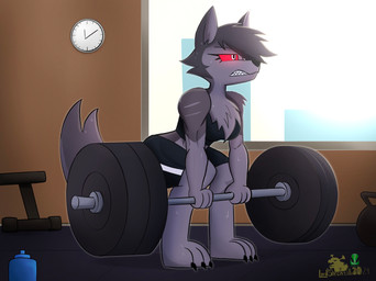 anthro barbell barefoot bodily_fluids bottomwear brown_wall chest_tuft clenched_teeth clock clothing crossgender deadlift exercise exercise_clothing feet female fur glowing glowing_eyes grey_body grey_fur grey_hair gym hair hair_over_eye inside midriff mtf_crossgender red_sclera shorts solo sweat tail teeth tuft weightlifting workout thegiftedfire hellaverse helluva_boss mythology vortex_(helluva_boss) canid canid_demon canine demon hellhound mammal mythological_canine mythological_creature 2024 hi_res