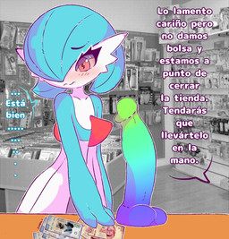 anthro blue_body buying clothed clothing dialogue dild embarrassed fantasizing female glistening glistening_body hair holding_object huge_sex_toy imminent_insertion money not_furry red_eyes sex_shop sex_toy sex_toy_insertion sexshop solo store text sharalythesheep nintendo pokemon gardevoir generation_3_pokemon mammal pokemon_(species) shiny_pokemon digital_media_(artwork) hi_res spanish_text
