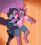 2020 4_toes anthro arin_hanson back_wings barefoot bat beard black_body black_fur black_hair black_pawpads blonde_highlights bottomwear brown_hair canid canine canis claws clothing danny_sexbang duo facial_hair feet fluffy fluffy_tail freckles_(artist) fur game_grumps goatee hair highlights_(coloring) hoodie long_hair male male/male mammal membrane_(anatomy) membranous_wings mustache open_mouth orange_background pawpads paws purple_body purple_fur screaming shirt shorts simple_background soles tail tank_top toes tongue tongue_out topwear wide_eyed wings wolf