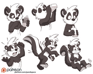 anthro black_body black_fur black_nose black_tail bottle container drinking fur glistening glistening_eyes hair holding_bottle holding_container holding_object male male_anthro mouth_closed nude open_mouth patreon_logo potion short_hair simple_background sitting solo tail transformation white_background white_body white_fur white_hair white_tail young young_anthro young_male pandapaco patreon parinton bear giant_panda mammal mephitid skunk half-length_portrait portrait