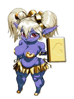 blonde_hair blush bottomwear clothed clothing ear_piercing ear_ring fangs female hair hammer heart_nipples humanoid_pointy_ears looking_at_viewer nipples piercing pigtails pointy_ears purple_body purple_skin ring_piercing shortstack simple_background skimpy skirt solo teeth tools wet oppmann league_of_legends riot_games tencent poppy_(lol) humanoid yordle hi_res