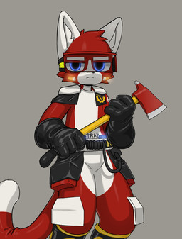 anthro axe biped black_clothing black_gloves black_handwear blue_eyes clothing eyewear eyewear_on_head firefighter fur gloves goggles goggles_on_head handwear holding_axe holding_object kemono male red_body red_fur slim_anthro slim_male solo white_body white_fur carbine_wolf domestic_cat felid feline felis mammal 2025 hi_res