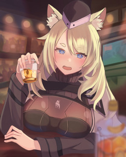 alcohol beverage blonde_hair blue_eyes blurred_foreground blush breasts clothing cute_fangs drunk fangs female fur hair headgear holding_object ice ice_cube inner_ear_fluff inside looking_at_viewer solo substance_intoxication teeth tuft silver_fps arknights hypergryph studio_montagne whislash_(arknights) animal_humanoid equid equid_humanoid equine equine_humanoid humanoid mammal mammal_humanoid 2021 hi_res