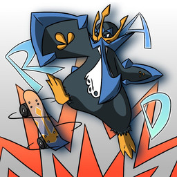 ambiguous_gender anthro biped black_body black_fur blue_body blue_eyes claws fur markings skateboard skateboard_trick solo text vehicle white_body yellow_body yellow_claws motherlatias nintendo pokemon empoleon generation_4_pokemon pokemon_(species) 1:1 2018 english_text
