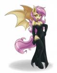2016 absurd_res ambris anthro anthrofied armwear bare_shoulders bat_pony bat_wings blush breasts cleavage clothed clothing collar cutie_mark digital_media_(artwork) dress elbow_gloves equid eyebrows eyelashes fangs female flutterbat_(mlp) fluttershy_(mlp) friendship_is_magic gloves hair half-closed_eyes hand_on_hip handwear hasbro hi_res jewelry legwear long_hair looking_at_viewer mammal membrane_(anatomy) membranous_wings my_little_pony narrowed_eyes necklace open_mouth pink_hair red_eyes shaded simple_background solo standing teeth thigh_highs tongue tongue_out white_background wings
