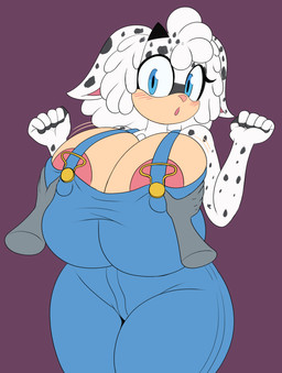 anthro areola areola_slip big_breasts blue_body blush blush_lines breast_grab breasts clothing countershade_breasts countershade_face countershading dipstick_fingers disembodied_hand eyelashes female fluffy fluffy_hair fur hair hand_on_breast horn huge_breasts markings motion_lines nipple_outline overalls pink_areola pink_nose purple_background simple_background solo spots spotted_body spotted_fur surprised white_body white_fur mechspazer sega sonic_the_hedgehog_(series) fan_character tanya_the_sheep_(foxnightshade) bovid caprine mammal sheep absurd_res hi_res