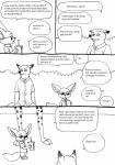 anthro bernielover canid canine clothing comic disney english_text female fennec_fox finnick_(zootopia) fox group hi_res lagomorph male mammal monochrome nick_wilde red_fox simple_background speech_bubble text true_fox white_background zootopia