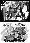 anthro anthrofied clothed clothing dialogue duo electronics female fur hair hat headgear headwear pokemorph scared sitting smile teeth television text tongue bittenhard nintendo pokemon portia_(bittenhard) shinju_(bittenhard) generation_3_pokemon generation_4_pokemon mismagius pokemon_(species) zangoose 2016 comic english_text greyscale monochrome