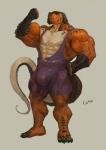 anthro barely_visible_genitalia barely_visible_penis big_bulge bulge clothed clothing derrin_seith flexing genitals goroguro hi_res lizard male muscular muscular_anthro muscular_male penis reptile scalie smile solo standing torn_clothing vein veiny_muscles wrestling_singlet