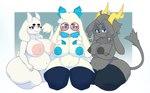 accessory anthro antlers areola bell belly big_areola big_breasts big_butt big_ears big_nipples black_areola black_clothing black_legwear black_thigh_highs blue_areola blue_clothing blue_eyes blue_legwear blue_thigh_highs breasts butt closed_frown clothed clothing curvy_anthro curvy_female eyebrows eyewear female female_anthro flesh_fang floppy_ears frown frowning_at_viewer fur genitals glasses gradient_background grey_body grey_fur group hair hair_accessory hair_ring horn huge_areola huge_nipples kneeling legwear looking_at_viewer lop_ears mature_anthro mature_female mouth_closed navel neck_tuft nipples overweight overweight_female pink_areola purple_eyes pussy round_glasses seiza simple_background sitting slight_smile smile smiling_at_viewer symbol tail tail_tuft thick_eyebrows thick_thighs thigh_highs trio tuft white_body white_fur alyaska2201 atlyss pseudoregalia undertale undertale_(series) angela_flux sybil_(pseudoregalia) toriel boss_monster_(undertale) bovid caprine goat jackalope kubold_(atlyss) lagomorph leporid mammal rabbit 2024 digital_media_(artwork) full-length_portrait hi_res portrait signature