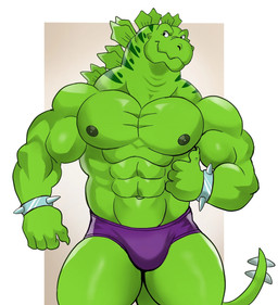 abs anthro biceps big_muscles briefs briefs_only clothed clothing cuff_(restraint) gesture green_body hand_gesture male muscular muscular_male navel nipples pecs purple_clothing restraints simple_background smile solo spikes spikes_(anatomy) stripes tail thick_thighs thumbs_up topless trapezius underwear underwear_only wrist_cuffs darknaigart extreme_dinosaurs stegz dinosaur ornithischian prehistoric_species reptile scalie stegosaurian stegosaurus thyreophoran hi_res