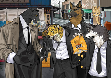 anthro black_body black_bottomwear black_clothing black_ears black_fur black_necktie black_pants black_spots black_topwear bottomwear brown_body brown_fur cigarette cigarette_in_mouth city cityscape clothed clothing fully_clothed fur group hand_in_pocket looking_at_another male markings melanistic mouth_hold necktie object_in_mouth outside pants pockets spots spotted_body spotted_fur suit topwear whiskers white_clothing white_topwear lljh canid canine canis domestic_dog felid feline leopard mammal pantherine serval hi_res
