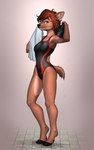 anthro black_clothing black_swimwear blue_eyes breasts brown_body brown_fur brown_hair clothing cloven_hooves collarbone dripping eyebrows eyelashes female fur hair hooves looking_at_viewer one-piece_swimsuit scut_tail short_tail small_breasts solo standing swimming_cap swimwear tail towel water wet mykegreywolf deer mammal 2024 5:8 absurd_res hi_res