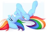 2022 blue_body blue_feathers butt cutie_mark equid equine eyes_closed feathers female feral friendship_is_magic genitals hair hasbro hooves mammal multicolored_hair multicolored_tail my_little_pony mythological_creature mythological_equine mythology omiart open_mouth open_smile pegasus pussy rainbow_dash_(mlp) rainbow_hair rainbow_tail simple_background smile solo tail wings