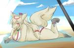 4_fingers anthro beach beach_towel beach_umbrella beads big_breasts bikini blonde_hair breasts cleavage clothed clothing cloud female fingers fur hair jewelry kemono long_hair looking_at_viewer lying magatama mehajiki necklace on_front overweight overweight_anthro overweight_female parasol red_eyes seaside slightly_chubby solo swimwear towel two-piece_swimsuit white_body white_fur white_hair yellow_body yellow_fur ukenya cyberconnect2 drecom full_bokko_heroes oguchi_no_magami_(full_bokko_heroes) canid canine fox mammal hi_res