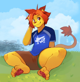 4_toes anthro biped blue_clothing blue_shirt blue_topwear bottomwear brown_bottomwear brown_clothing brown_shorts claws closed_smile clothed clothed_anthro clothed_male clothing cloud eyebrows fangs feet fur grass green_clothing green_underwear hair hand_on_face looking_at_viewer male male_anthro mouth_closed on_grass orange_eyebrows orange_eyes orange_hair orange_nose outside pawpads plant print_clothing print_shirt print_topwear red_pawpads shirt shorts sitting smile solo tail tail_tuft teeth toe_claws toes topwear tree tuft underwear whiskers yellow_body yellow_fur yellow_tail smite_(artist) morenatsu soutarou_(morenatsu) felid lion mammal pantherine 2025 digital_media_(artwork) hi_res