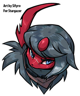 blade blue_eyes broken_horn eyewear fluffy fur goggles grey_body grey_fur horn looking_at_viewer red_body scar scar_in_face scarf serious thing_pupil blitzdrachin conditional_dnp nintendo pokemon pokemon_mystery_dungeon spike_chunsoft fan_character absol generation_3_pokemon monster pokemon_(species) absurd_res headshot_portrait hi_res portrait