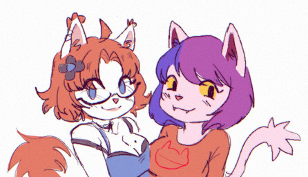 accessory anthro big_breasts blue_eyes bra breasts cleavage clothed clothing duo ear_tuft eyewear female female/female flower flower_in_hair fluffy fluffy_tail fur glasses hair hair_accessory jewelry markings mole_(marking) multicolored_hair necklace orange_hair piercing plant purple_body purple_fur purple_hair shirt tail tank_top topwear tuft two_tone_hair underwear white_body white_fur yellow_sclera ena_(artist) verna_(milkscrew) domestic_cat felid feline felis mammal character_request