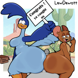anthro beak big_butt blue_body box breasts butt cardboard cardboard_box comparing container crossgender duo feathers female fur genitals glistening group hair hot_dogging looking_at_viewer looking_back male male/female male/male nipples nude open_mouth pattern_background penis sex simple_background smile tail text thick_thighs toony trio lewdewott looney_tunes metro-goldwyn-mayer tom_and_jerry warner_brothers jerry_mouse road_runner_(looney_tunes) avian bird cuculiform house_mouse mammal mouse murid murine new_world_ground_cuckoo roadrunner rodent digital_drawing_(artwork) digital_media_(artwork) english_text hi_res
