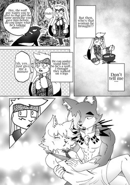 ainu_clothing anthro big_ears big_feet bone bottomwear bowing clothing collar countershade_face countershade_fur countershade_torso countershading dialogue feathers feet footwear fur kerchief leg_markings male markings muscular muscular_anthro muscular_male pose scared shocked skirt skull socks_(marking) text underwear efradraws northwind_(efradraws) isepo_(efradraws) kasni_(efradraws) n'tal_(northwind) uspul_(efradraws) avian bird canid canine canis corvid lagomorph leporid magpie_(corvid) mammal oscine passerine rabbit wolf absurd_res black_and_white comic digital_media_(artwork) english_text halftone hi_res monochrome