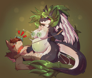 anthro areola belly belly_blush big_belly big_breasts blush bodily_fluids body_blush breasts butt collar cum cum_from_mouth cum_in_mouth cum_in_vagina cum_inflation cum_inside dominant dominant_female duo ejaculation erection female female_penetrated fur genital_fluids genitals green_areola green_hair hair huge_breasts inflation knotting lactating leash leash_pull leashed_collar looking_pleasured male male/female male_penetrating male_penetrating_female milk navel nipples nude orgasm orgasm_face penetration penile penis pregnant pregnant_anthro pregnant_female pregnant_sex rapid_pregnancy sex simple_background smile submissive submissive_male tail vaginal vaginal_penetration wings scaredellipses mythology goblin_booger_snort canid canine canis dragon mammal mythological_creature mythological_scalie scalie wolf absurd_res digital_media_(artwork) hi_res