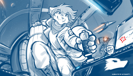 5_fingers anthro biped bottomwear claws clothed clothed_anthro clothed_male clothing cockpit coffee_cup container cup eyebrow_through_hair eyebrows fingers fully_clothed fully_clothed_anthro fully_clothed_male fur grin hair holding_joystick male planet smile solo space spacecraft spaceship_interior star teeth text topwear translucent translucent_hair vehicle conditional_dnp tom_fischbach twokinds zen_(twokinds) canid canine canis keidran mammal wolf 2026 7:4 digital_drawing_(artwork) digital_media_(artwork) english_text hi_res monochrome sketch spot_color
