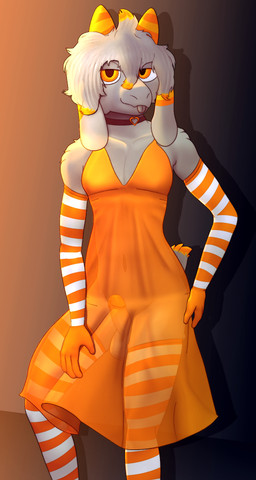 anthro armwear balls bottomwear choker clothed clothing crossdressing crossdressing_male dress elbow_gloves erection erection_under_skirt femboy floppy_ears fur genitals glans gloves grey_body grey_fur hair handwear heart_choker horn jewelry legwear male necklace no_underwear orange_armwear orange_clothing orange_dress orange_elbow_gloves orange_eyes orange_glans orange_gloves orange_handwear orange_horn orange_legwear orange_thigh_highs pattern_armwear pattern_clothing pattern_elbow_gloves pattern_gloves pattern_handwear pattern_legwear pattern_thigh_highs penis pose skirt solo striped_armwear striped_clothing striped_elbow_gloves striped_gloves striped_handwear striped_legwear striped_thigh_highs stripes tail thigh_highs translucent translucent_clothing translucent_dress conditional_dnp gusta gusta_(gusta) bovid caprine goat mammal hi_res