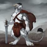 4_ears 4_toes 5_fingers anthro baldric barefoot belt biceps biped black_hair blue_eyes bottomwear brown_clothing cape chest_tuft claws clothed clothing day digitigrade feet fingers fist fur grey_background grey_body grey_fur hair holding_melee_weapon holding_object holding_sword holding_weapon horn loincloth looking_aside male markings melee_weapon multi_ear muscular muscular_anthro muscular_male outside pecs pink_nose planted_weapon quadriceps short_hair simple_background solo spots spotted_body spotted_fur sword tail tail_tuft toe_claws toes topless tuft weapon white_body white_fur blackchaos666 guild_wars elijahfur100 charr felid mammal 1:1 2017 detailed full-length_portrait hi_res portrait watermark