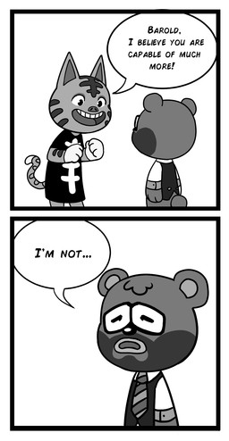 anthro chibi clothing duo male necktie shirt text topwear yangyexin animal_crossing nintendo barold_(animal_crossing) tabby_(animal_crossing) bear felid mammal pantherine tiger 2020 comic english_text hi_res monochrome