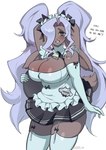 anthro armwear big_ears biped blush bottomwear breasts brown_body brown_fur brown_tail cleavage clothed clothing dialogue elbow_gloves female fingers fur gloves handwear horizontal_pupils looking_at_viewer pupils short_tail simple_background skirt smile solo standing tail teeth noona_plz noona_(noona_plz) lagomorph leporid mammal rabbit