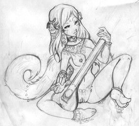 anklet barefoot breasts collar ear_piercing ear_ring feet female genitals hair harem_outfit jewelry music musical_instrument nipple_piercing nipples piercing plucked_string_instrument ring_piercing sitar slave solo string_instrument tail vulva unknown_artist domestic_cat felid feline felis mammal graphite_(artwork) monochrome traditional_media_(artwork)