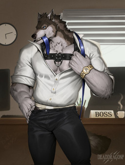 accessory anthro biped black_body black_fur blue_eyes bottomwear clock clothing fur grey_body grey_fur harness inside jockstrap male muscular muscular_anthro muscular_male necktie office pants pecs shirt solo topwear underwear watch white_body white_fur wristwatch deaddragonp rakan canid canine canis mammal wolf 2022 digital_media_(artwork) hi_res