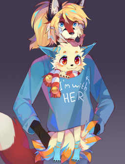 anthro bell bell_accessory black_nose blonde_hair blue_body blue_ears blue_eyes blue_fur cheek_tuft clothed clothing collar duo facial_tuft female fur hair long_tongue markings multi_tail orange_body orange_fur pattern_clothing pattern_scarf red_body red_fur scarf shirt simple_background size_difference smile striped_clothing striped_scarf stripes tail text tongue topwear tuft uppies yellow_body yellow_fur ro-ii vulfe_(hackencraft) xemkiy_(character) canid canine fox fox_spirit mammal english_text hi_res