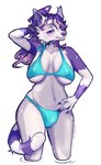 anthro big_breasts bikini bikini_bottom bikini_top breast_squish breasts bulge cheek_tuft clothing facial_tuft fur gynomorph hair hand_behind_head hand_on_hip intersex long_hair looking_at_viewer markings nipple_outline purple_body purple_fur purple_hair raised_arm sagging_breasts smile smiling_at_viewer solo squish striped_markings striped_tail stripes swimwear tail tail_markings tuft two-piece_swimsuit water wet white_body white_fur wide_hips bloodsyvic canid mammal